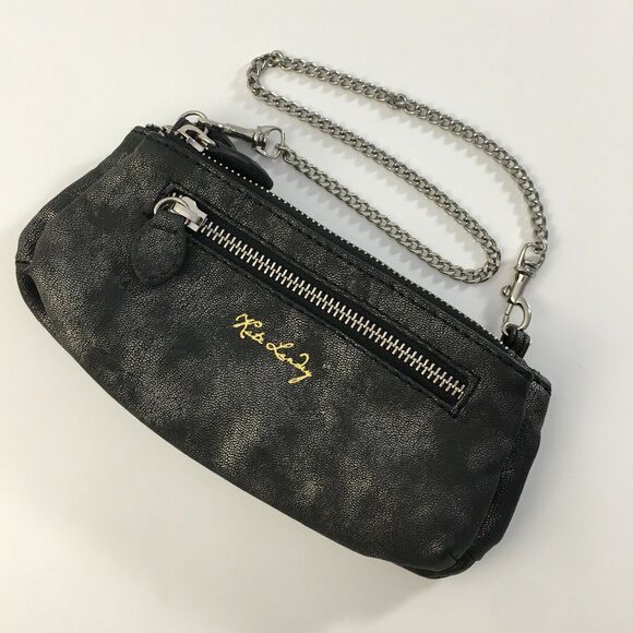 Kate Landry Wristlet Clutch Small Black/Gray/Silver Flecks Removable Chain Strap - Picture 1 of 11